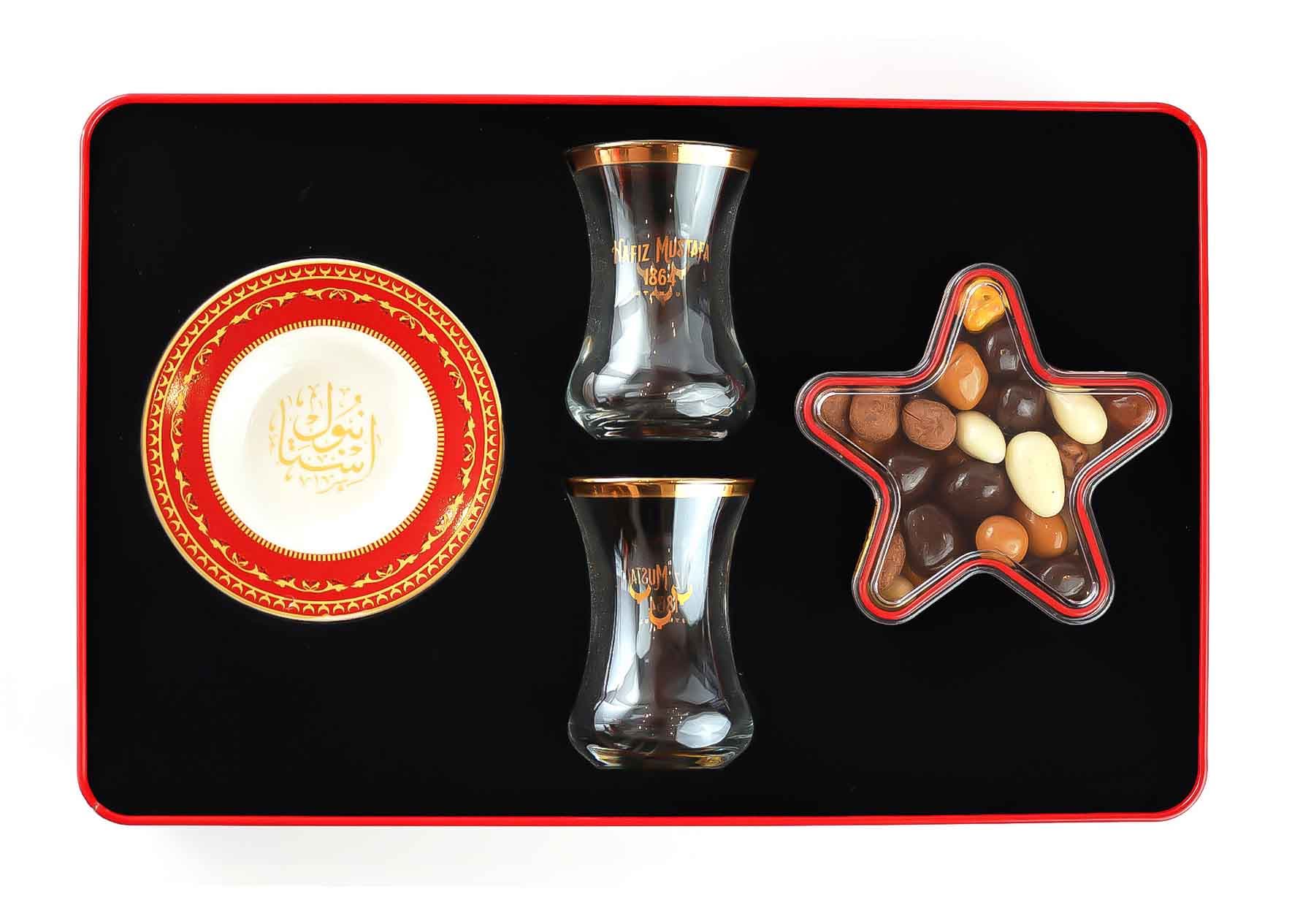 Turkish Tea Set 2 Cups With Star Dragee Box